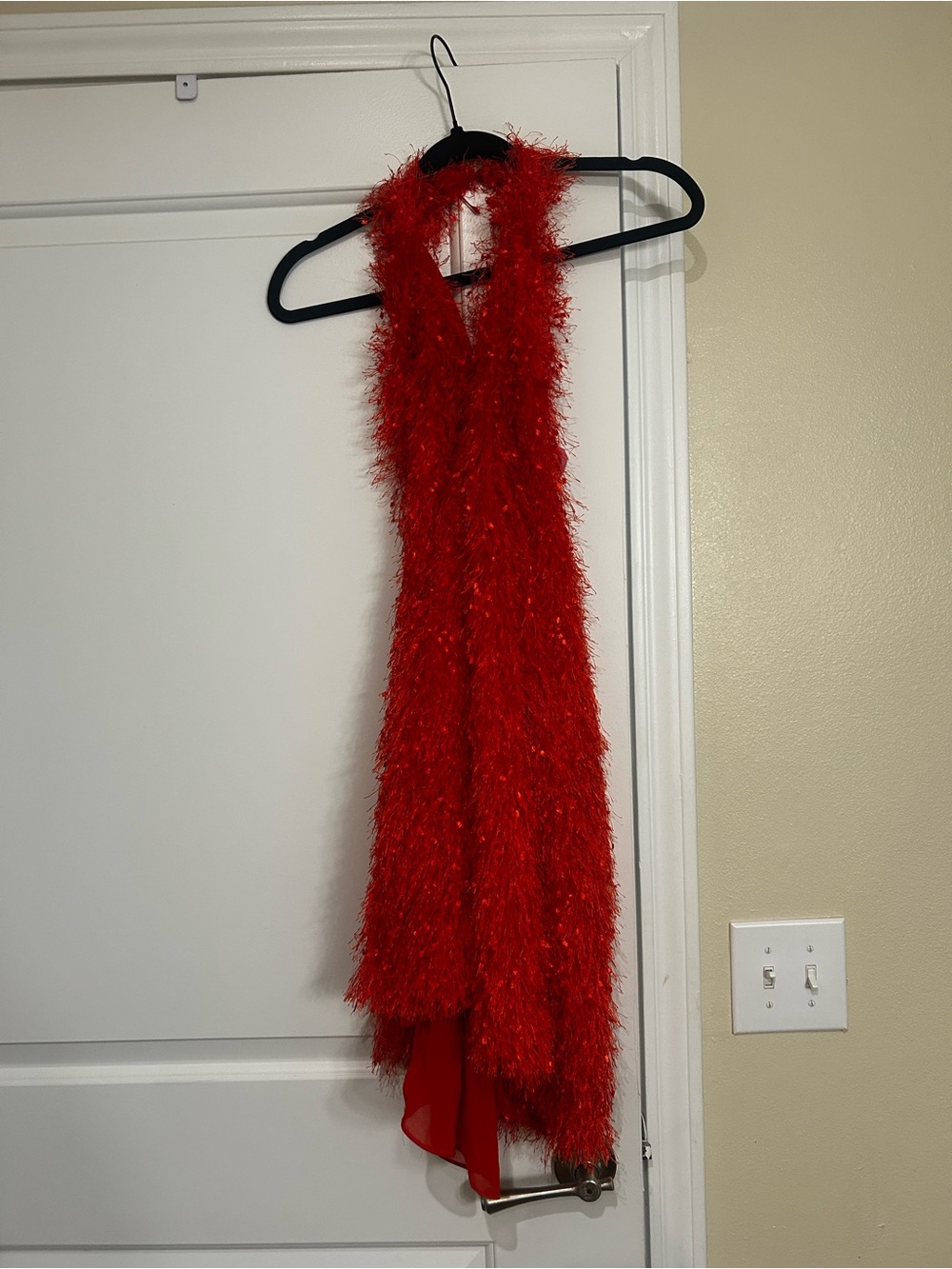 Zara Red Backless Feathered Halter Dress
